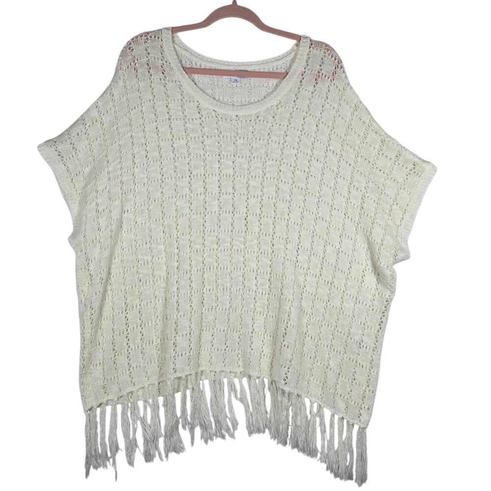 Indigo Rose Fringe Knit Poncho Top Womens 1X Cream Open Weave Boho Festival